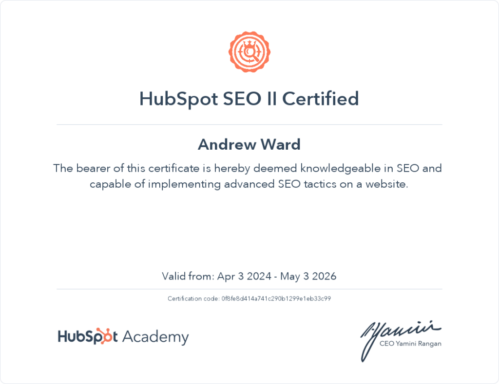 HubSpot SEO II Certification awarded to Andrew Ward, showcasing expertise in advanced seo services, cannabis copywriting, and strategies suited for a leading seo services company.