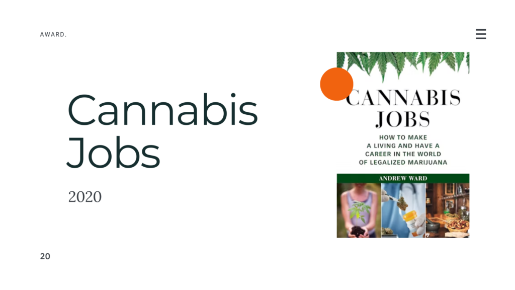 Cover of Cannabis Jobs by Andrew Ward, featuring images of cannabis cultivation, medical use, and edible products, with the subtitle "How to Make a Living and Have a Career in the World of Legalized Marijuana."