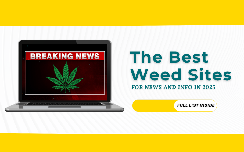 A laptop screen displaying 'Breaking News' with a cannabis leaf graphic, next to text reading 'The Best Weed Sites for News and Info in 2025' and a button labeled 'Full List Inside.