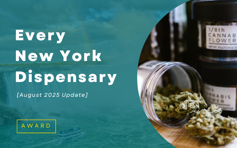 Cannabis flower jars in front of a New York waterfall backdrop, featuring text ‘Every New York Dispensary [August 2025 Update]’ for users seeking a dispensary near me or recreational dispensaries.