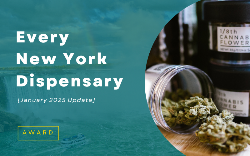 Cannabis flower jars in front of a New York waterfall backdrop, featuring text ‘Every New York Dispensary [January 2025 Update]’ for users seeking a dispensary near me or recreational dispensaries.