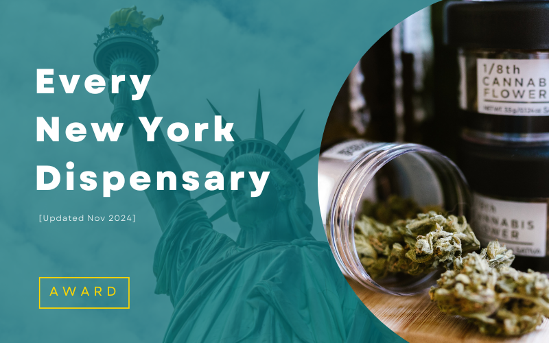 Statue of Liberty with cannabis jars in the foreground, representing every New York dispensary across the state.