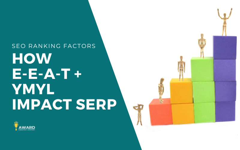 Colorful stacked blocks ascending in height with miniature gold figures on each level, illustrating E-E-A-T and YMYL’s impact on SEO rankings.