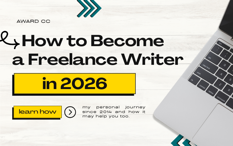 A laptop PC is partially seen with the text "How to become a freelance writer in 2026" as the visible headline.