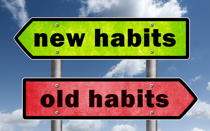 Two directional signs reading “new habits” and “old habits” against a cloudy sky.

