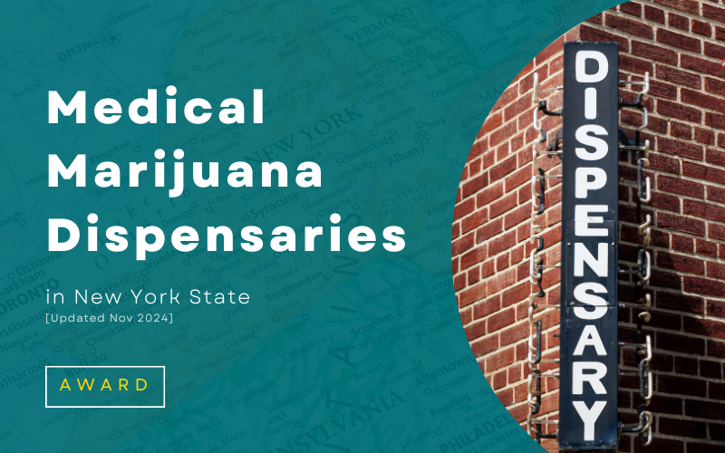 A dispensary sign mounted on a brick wall, with a map of New York State in the background, representing medical marijuana dispensaries in New York.