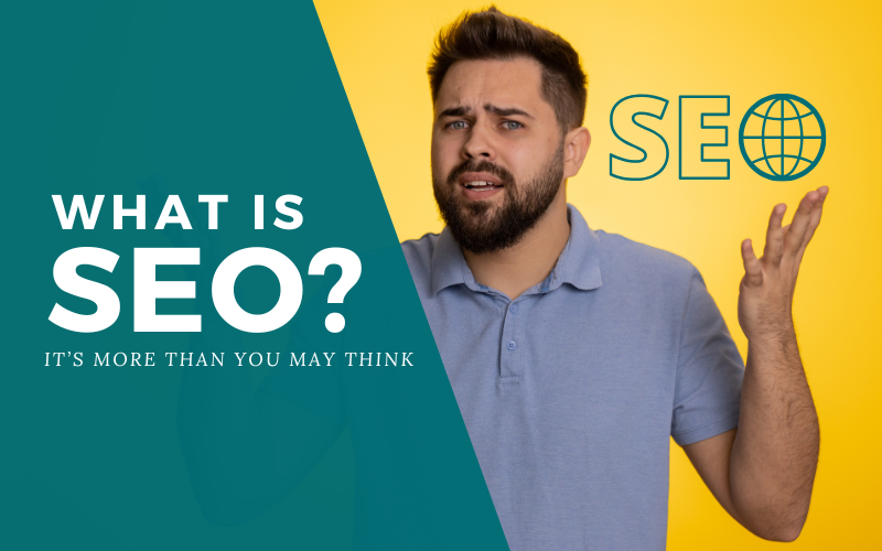 A man shrugging with a puzzled expression on a yellow background, representing the question "What Is SEO?" and how SEO works to optimize online visibility.

