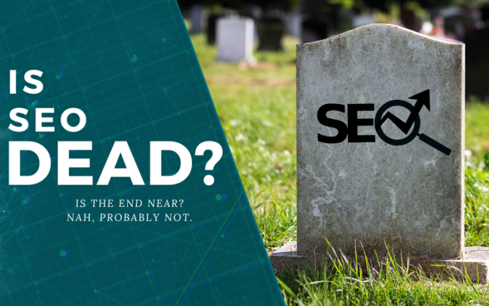 A gravestone inscribed with “is SEO dead” set in a grassy cemetery