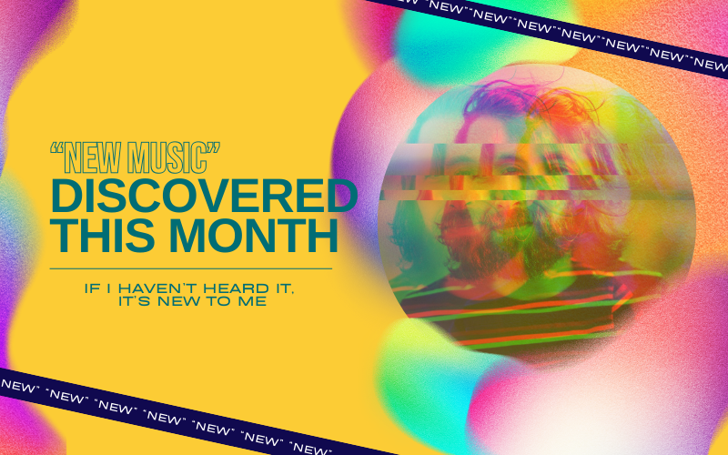 Glitchy, colorful banner introducing new music discoveries through ai music searches, featuring a blurred, bearded figure.