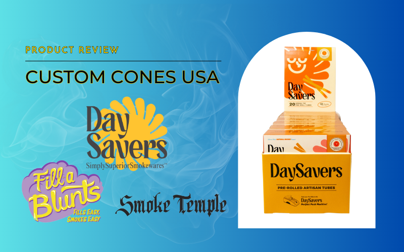 Product review graphic showcasing pre rolled cones from Custom Cones USA. Logos for DaySavers, Fill-a Blunt, and Smoke Temple appear alongside vibrant packaging.