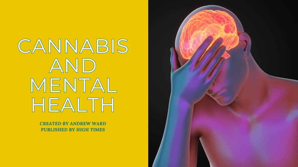 A visual representation of cannabis and mental health, featuring a person holding their head with an illuminated brain. Created by Andrew Ward, published by High Times.