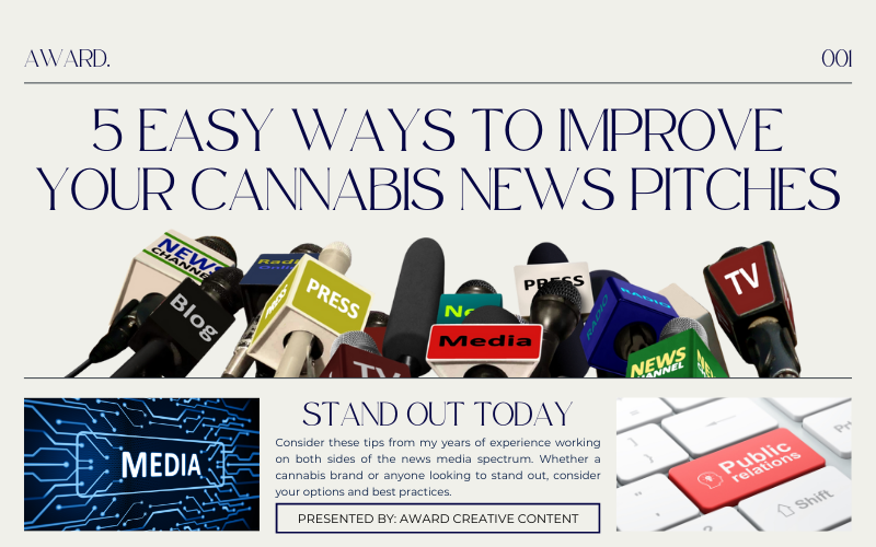 Banner titled '5 Easy Ways to Improve Your Cannabis News Pitches' with microphones and media icons in the background, along with sections on media and public relations.