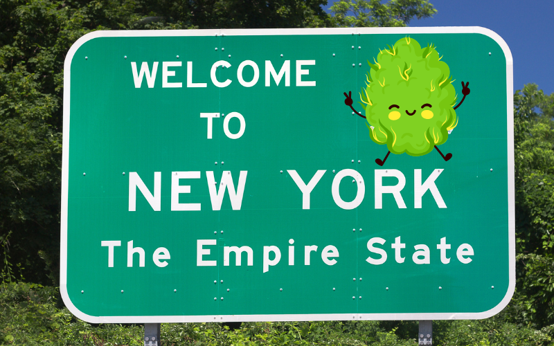 Green ‘Welcome to New York’ road sign with a cheerful cartoon cannabis bud, referencing medical marijuana dispensaries in New York and emphasizing the growing availability of medical cannabis in New York.