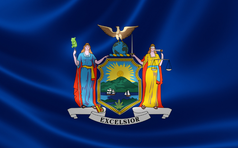 New York State flag, symbolizing local cannabis laws and highlighting recreational dispensaries for those searching a dispensary near me.