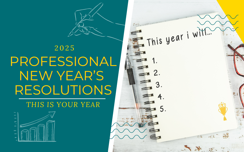 A notebook titled “This year I will…” with a pen and glasses next to it, symbolizing the creation of a professional new year’s resolution list for 2025.