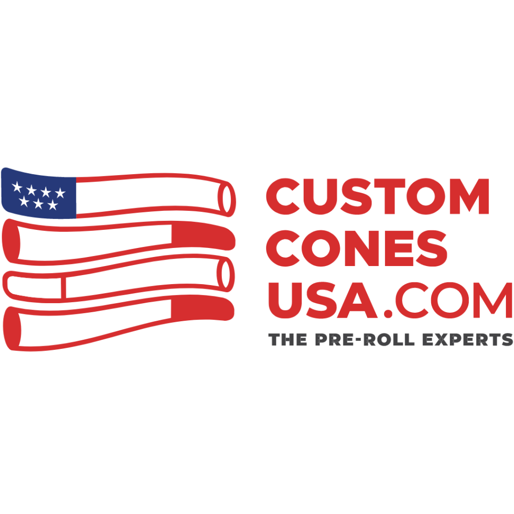 Logo for Custom Cones USA, the pre-roll experts, featuring a stylized American flag composed of pre rolled cones.