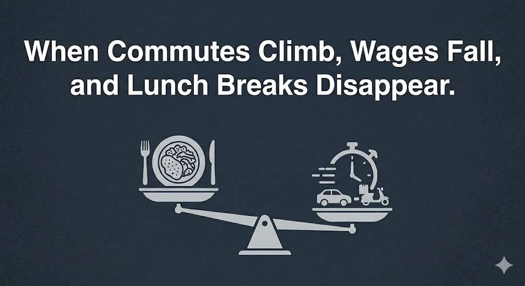 Skipping Lunch At Work and Commute Infographic Scale Minimalist infographic scale balancing a meal against a clock and car to show how skipping lunch at work and long commutes create a time trap. Graphic design element featuring the quote: "When Commutes Climb, Wages Fall, and Lunch Breaks Disappear" over a vector scale comparing physical capacity limits to corporate work culture demands.